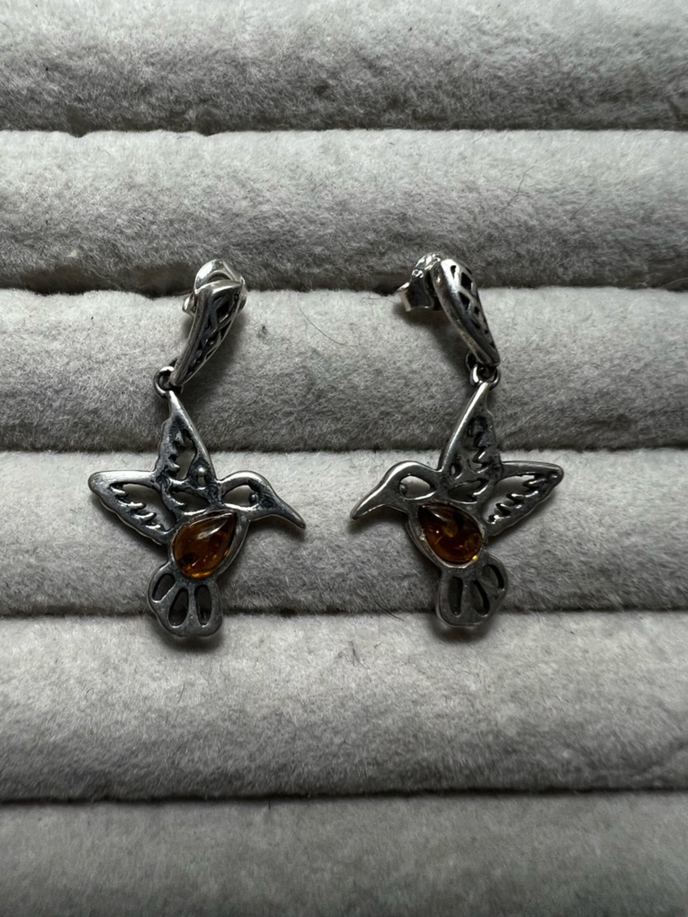 Silver Hummingbird Drop Earrings with Amber Accent